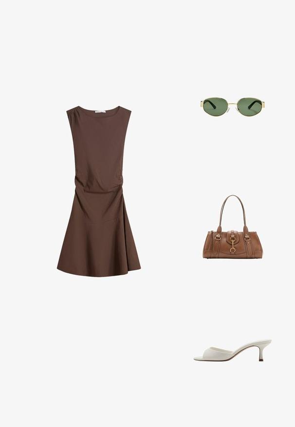 Hnedé šaty bez rukávov po kolená s okrúhlym výstrihom a jemným bočným riasením, rozšírená sukňa na jednoduchej bielej pozadí.; Biele sandále na vysokom podpätku otvorené na špičke s hladkým povrchom, minimalistickým dizajnom a štíhlym podpätkom, s jemným hnedým akcentom na podrážke.; Slnko zlatohnedých kovových rámových okuliarov s zelenými tónovanými sklami, oválnym tvarom, čiernymi stranami a priehľadnými nosnými podložkami. Čistý, minimalistický dizajn.; Hnedá kožená kabelka s dvojitými uchami, zlatými kovovými akcentmi a pevnou konštrukciou. Obsahuje centrálne klapku s detailom vo forme slučky.