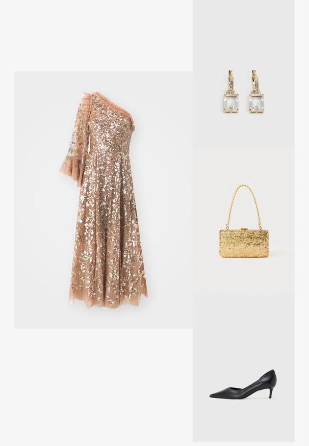 Rose gold dress with one sheer sequined sleeve, ruffled neckline, and flared cuff. The fabric is textured with layered, shimmering sequins.; Black leather pump with a pointed toe and low heel. Features a smooth texture and subtle sheen. Open cut at the front for added detail.; Gold sequin clutch with a rectangular shape, featuring a twisted chain handle and a metal clasp closure, reflecting light with a textured finish.; Gold-tone earrings featuring a rectangular, clear crystal dangling below a row of small, round clear accents. Sleek, modern design.