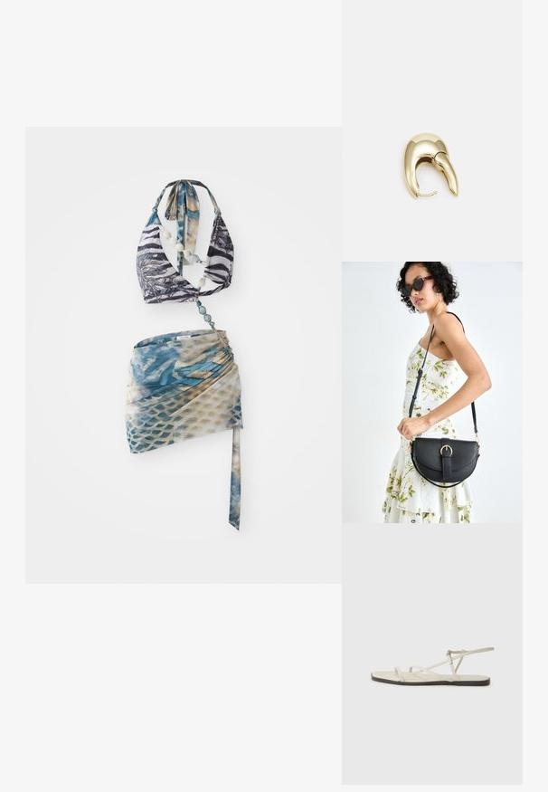 Bikini gornji dio s halter vratom u crno-bijelom uzorku zebra, uparen s omotnim suknjama u plavoj i bež boji s uzorkom.; Bež sandala na ravnom potplatu s više tankih trakica i podesivom kopčom. Potplat je ravan s blagim tamnim kontrastom na rubu.; Crna kožna torba s lukovitim oblikom, odvojivim remenom i zlatnim detaljima. Torba ima preklop s kopčom.; Zlatne metalne naušnice s elegantnim, zakrivljenim dizajnom. Imaju karakterističan šiljast oblik, poliranu površinu i zatvaranje na šarku.