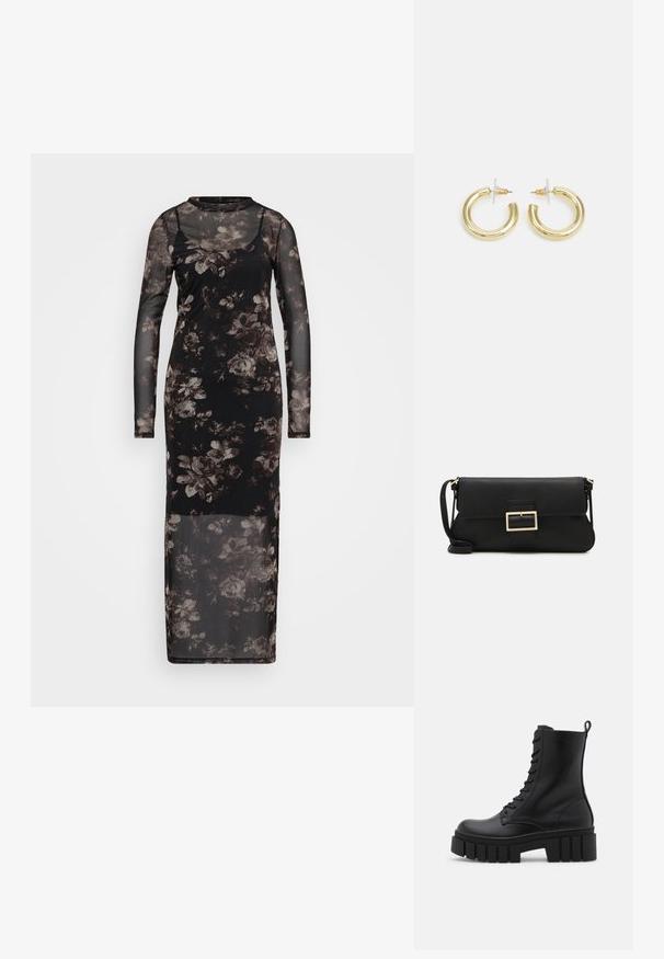 Zwarte netjurk met lange mouwen, met een bloemenpatroon in grijstinten en bruin. Vloerlang, met een getailleerde silhouette.; Zwarte leren enkelboot met een chunky, gegroefd zool, vetersluiting aan de voorkant en een trekband op een gladde witte achtergrond.; Zwarte leren clutch met een klep en een gouden metalen sluiting. Inclusief een zwarte schouderband en een slank, minimalistisch ontwerp.; Gouden creolen met een gladde, glanzende afwerking. Circulaire vormgeving met een kleine post en een doorzichtige achterkant voor een veilige draagervaring.