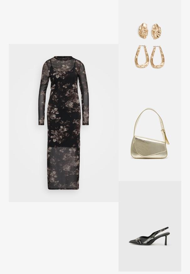 Czarna siatkowa sukienka z długimi rękawami, zdobiona floralnym wzorem w odcieniach szarości i brązu. Długości do podłogi, o dopasowanej sylwetce.; Czarne lakierowane buty typu slingback z ostrym noskiem, paskami na kostkach z srebrnymi klamrami i elementami metalowymi oraz smukłym obcasem.; Złota metaliczna torebka o strukturalnym designie, gładkiej powierzchni i regulowanym pasku. Charakteryzuje się unikalnym trójkątnym kształtem i minimalistycznym przeszyciem.; Złote kolczyki w odcieniu, prezentujące teksturowane, faliste kształty. Zawierają rzeźbiarskie klipsy i otwarty projekt kółek z młotkowanym wykończeniem.
