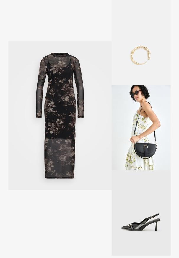 Schwarzes Netzkleid mit langen Ärmeln, das ein florales Muster in Grautönen und Braun aufweist. Bodengängig, mit taillierter Silhouette.; Schwarzer Lackleder Slingback-Schuh mit spitzem Zehenbereich, Knöchelriemen mit silbernen Schnallen und Beschlägen sowie einem schlanken Absatz.; Schwarze Lederhandtasche mit geschwungener Form, abnehmbarem Tragegurt und goldenen Beschlägen. Die Tasche verfügt über einen Deckel mit einer Schnallen-Details.; Goldfarbener Ring mit einem organischen, gedrehten Design, glatter Oberfläche und sich verjüngenden Enden, was ein modernes, skulpturales Erscheinungsbild erzeugt.