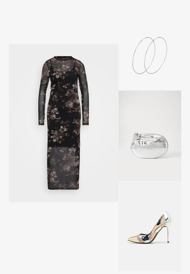 Black mesh dress with long sleeves, featuring a floral pattern in shades of gray and brown. Floor-length, with a fitted silhouette.; Pointed-toe high heel shoe with a silver, gold, and nude color scheme. Glossy finish with cutout design, featuring a stiletto heel.; Silver metallic pouch bag with a soft, rounded shape and a knotted top closure. Made from smooth faux leather material.; Silver hoop earrings with a minimalist design. Circular shape, smooth texture, and thin profile. Lightweight with a polished finish.