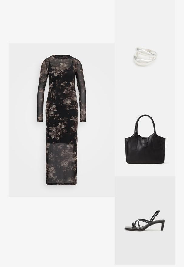 Abito in rete nera con maniche lunghe, caratterizzato da un motivo floreale in tonalità di grigio e marrone. Lunghezza fino al pavimento, con una silhouette attillata.; Sandalo nero con cinturini, dalla punta squadrata e tacco basso a blocco. Presenta diversi cinturini sottili e una cinturini regolabile alla caviglia. Realizzato in pelle liscia.; Borsa tote in pelle nera con texture liscia, forma strutturata, due manici e un evidente dettaglio in fibbia argentata sul davanti.; Anello doppio in argento con superficie liscia e lucida. Presenta un design fluido e curvo con sezioni sovrapposte per un aspetto moderno.