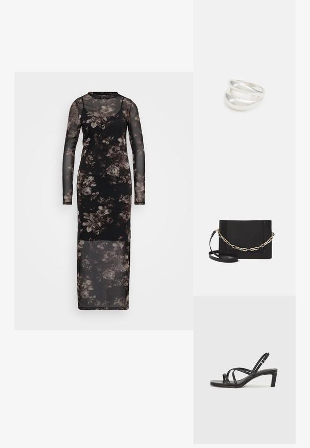 Sort mesh kjole med lange ærmer, der har et blomsterdesign i nuancer af grå og brun. Gulvlængde, med en tætsiddende silhuet.; Sort remsandale med firkantet tå og en lav blokeret hæl. Har flere tynde stropper og en justerbar ankelrem. Fremstillet af glat læder.; Sort læder crossbody taske med en glat tekstur, rektangulær form og en metallisk kæde detalje foran. Justerbar skulderrem inkluderet.; Sølvring med dobbeltbånd og en glat, poleret overflade. Den har et flydende, buet design med overlappende sektioner for et moderne udtryk.