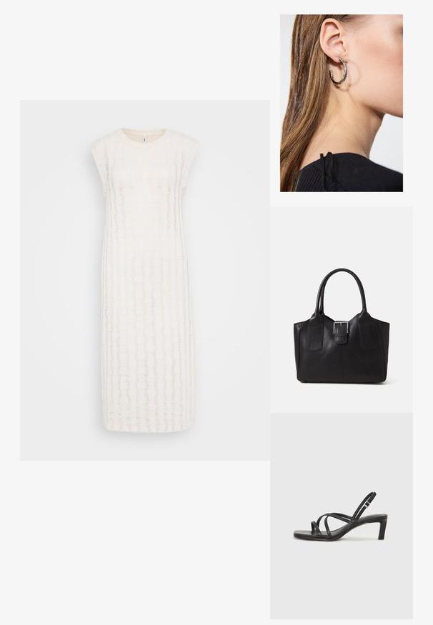 Balta iki kelių ilgio suknelė su tekstūruotu, dryžuotu raštu ir trumpomis rankovėmis. Pagaminta iš lengvos medžiagos, užtikrinančios oro pralaidumą.; Juodi šlepetės su kvadratiniu pirštu ir žemu bloku kulnu. Yra keli ploni dirželiai ir reguliuojamas kulkšnies diržas. Pagaminti iš lygios odos.; Juodas odinis nešiojamas krepšys su lygiu paviršiumi, struktūrine forma, dviem rankenėlėmis ir ryškiu sidabriniu sagties akcentu priekyje.; Sidabrinė lankinė auskarai su poliruotu paviršiumi, turintys mažus auksinius akcentus ir apvalią formą, dėvimi ant ausies kaušelio.