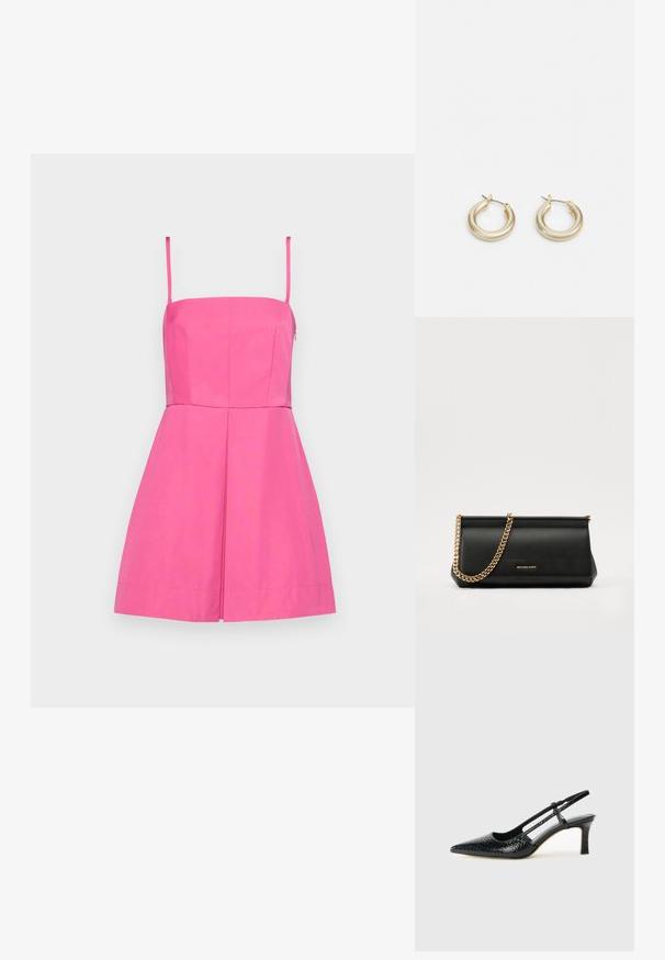 Abito senza maniche rosa con un corsetto aderente e una gonna plissé. Realizzato in tessuto liscio, presenta una zip laterale nascosta e dettagli di cucitura minimi.; Slingback con tacco in vernice nera con punta affusolata, caratterizzato da una stampa a serpente testurizzata, cinturino regolabile e un tacco corto e testurizzato.; Clutch bag in pelle nera con tracolla in catena dorata, caratterizzato da una superficie liscia, forma rettangolare e branding in rilievo sul davanti.; Lauren Ralph Lauren BASIC SMALL HOOP - Orecchini - gold-coloured