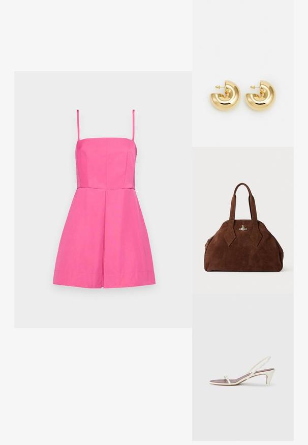 Ružové bezramienkové šaty s priliehavou korzetou a plisovanou sukňou. Vyrobené z hladkej látky, s skrytým bočným zipsom a minimálnymi švom.; Biele sandále na opätku so slabým podpätkom, tenkými pásikmi a hladkým koženým povrchom; obsahujú malú dekoratívnu sponu.; Hnedá semišová kabelka so štruktúrovaným tvarom, zaobleným telom a predĺženými rukoväťami v tvare diamantov. Obsahuje uzatváranie so striebornou hardvérovou sponou.; Zlaté kovové náušnice v tvare kruhu s lesklým, zakriveným dizajnom. Majú tvar polmesiaca s hladkým povrchom a zapínaním na kolíkový uzáver.