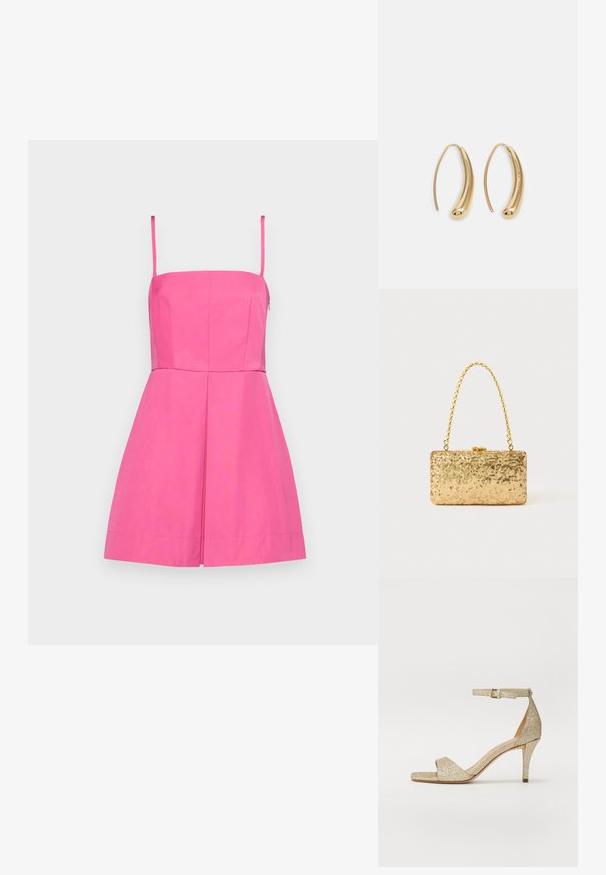Rosa ärmelloses Kleid mit tailliertem Oberteil und gefüttertem Rock. Hergestellt aus glattem Stoff, mit verdecktem seitlichem Reißverschluss und minimalen Nähdetails.; Goldglitzernde High-Heel-Sandalette mit Knöchellasche, offenem Zehenbereich und quadratischer Vorderseite. Verfügt über einen schlanken, konischen Absatz für zusätzlichen Auftrieb.; Goldene Pailletten-Clutch mit rechteckiger Form, ausgestattet mit einem gedrehten Kettenhenkel und einem Metallverschluss, der das Licht mit einer strukturierten Oberfläche reflektiert.; Goldfarbene Metall-Hoops mit einer geschwungenen, länglichen Form. Sie verfügen über eine glatte, glänzende Oberfläche und eine abgerundete Spitze für zusätzliche Details.