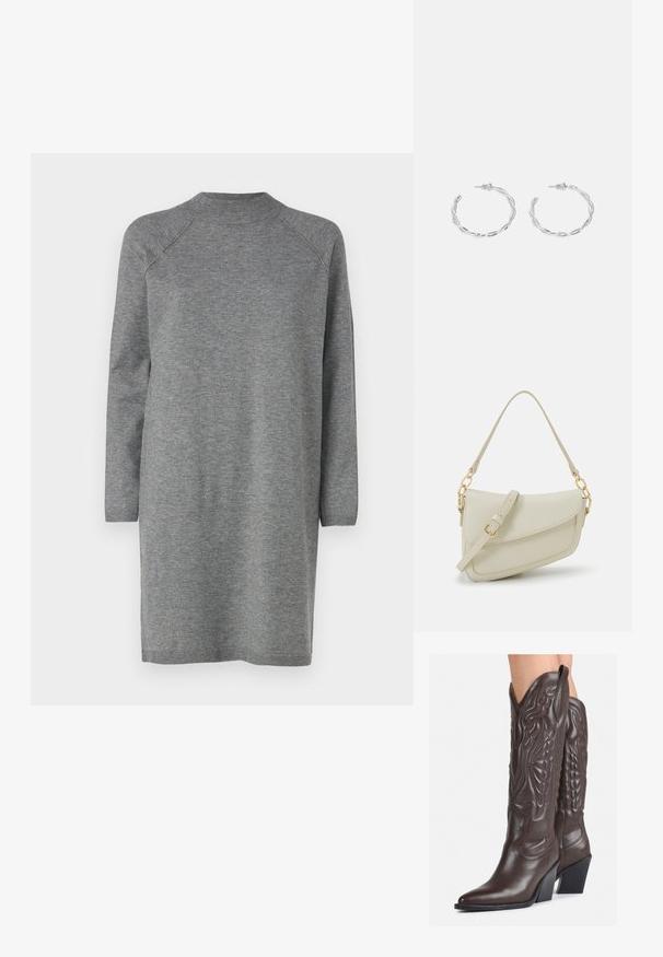 Šedé pletené šaty s okrúhlym výstrihom a dlhými rukávmi, s rovnými strihom a rebrovanými manžetami a lemom. Jednoduchá textúra bez vzorov.; Hnedé kožené kovbojské topánky s špicatou špičkou a blokovým podrážkou, so zložitým prešívaním a vyvýšenými akcentmi na puzdre.; Malá krémová kabelka s textúrovaným povrchom, dlhým nastaviteľným popruhom, reťazovým detailom a klopovým uzáverom. Zlaté kovové prvky.; Strieborné kruhové náušnice s prúteným dizajnom, s lešteným povrchom a zapínaním na kolíček. Majú priemer približne 3 cm.
