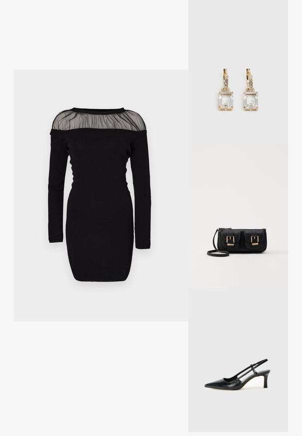 Juodas ilgas rankovėmis suknelė su permatomu, raukšlėtu tinkleliu ant kaklo. Prigludusi siluetas su apvaliu iškirpimu ir gumbuotomis rankovėmis.; Juodai lakuoti slingback aukštakulniai su smailiu nosiu, su tekstūruotu gyvatės raštu, reguliuojama juosta ir trumpu, tekstūruotu blokiniu kulnu.; Juodas odinis per petį nešiojamas krepšys su dviem priekiniais kišenėmis, auksiniais sagtimis, užtrauktuko uždarymu ir siauromis petnešomis. Textūruota paviršius ir kompaktiškas stačiakampis formatas.; Auksinės spalvos auskarai, kuriuose yra stačiakampis, skaidrus kristalas, kabantis po eile mažų, apvalių skaidrių akcentų. Šiuolaikiškas, modernus dizainas.