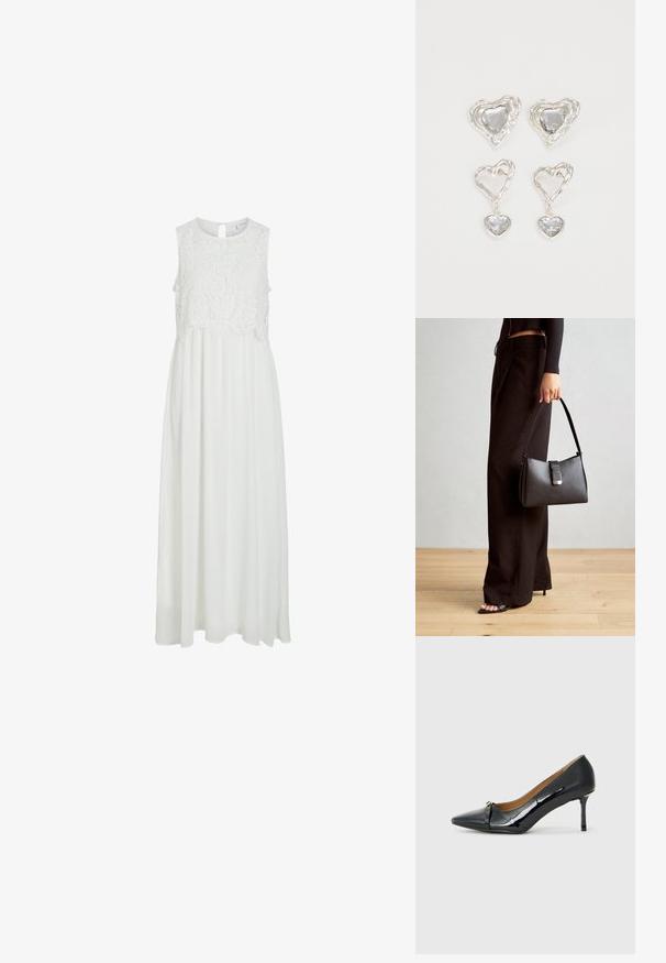 Vestido maxi branco com corpete rendado, decote redondo e às costas em forma de chave. A saia é fluida com uma textura suave.; Sapato de salto alto em couro laqueado preto com bico fino, detalhe de tira decorativa na parte da frente e um salto agulha fino.; Bolsa preta com forma estruturada, textura suave e um fecho metálico. Combinada com calças largas pretas e sandálias de salto aberto sobre um chão de madeira.; Os brincos em forma de coração prateados apresentam pedras claras facetadas, com uma moldura texturizada. O conjunto inclui estilos de botão e de gota.
