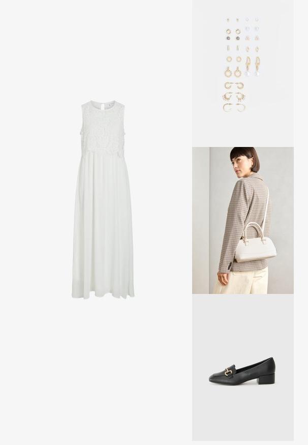 Rochie maxi albă cu un corset din dantelă, cu un guler rotund și un decolteu în formă de lacăt la spate. Fusta este vaporoasă, cu o textură netedă.; Loaferi negri din piele, cu toc plat, având un detaliu decorativ din hardware auriu în față și o textură netedă.; Geantă structurată albă, cu mânere scurte și curea de umăr, având accente din metal aurit și material texturat, expusă pe un fundal gri.; Set de cercei aurii, cu diverse designuri, inclusiv cercei tip stud, cercei hoop și cercei lungi cu perle și strassuri.