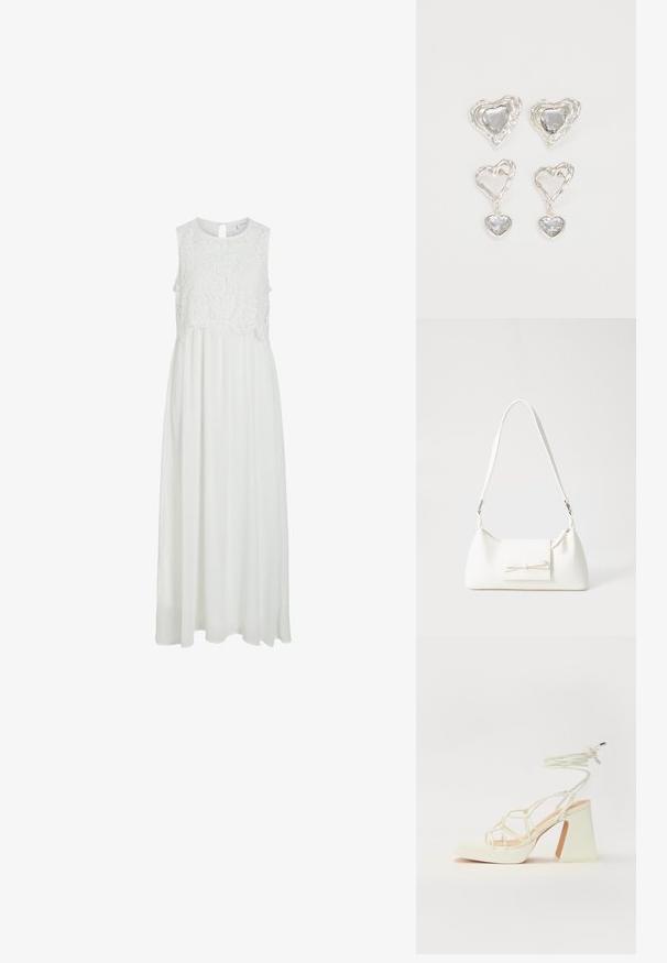 Vestido maxi branco com corpete rendado, decote redondo e às costas em forma de chave. A saia é fluida com uma textura suave.; Sandálias brancas de salto alto com um salto robusto, apresentando um design com tiras e amarração no tornozelo. Textura suave com uma plataforma na frente para altura adicional.; Mala sintética branca com formato triangular, aba frontal plana e detalhe de laço, alça ajustável, textura suave e design minimalista.; Os brincos em forma de coração prateados apresentam pedras claras facetadas, com uma moldura texturizada. O conjunto inclui estilos de botão e de gota.