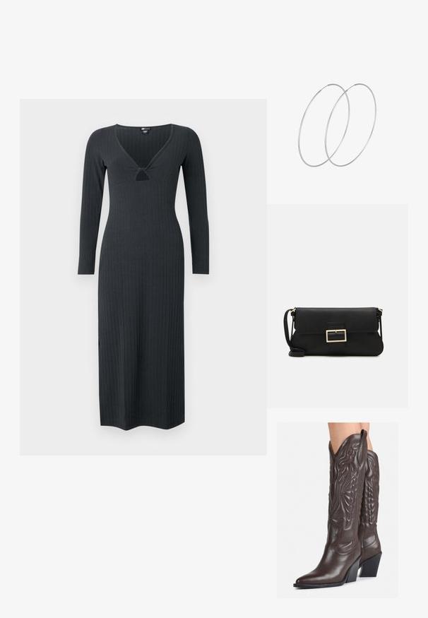 Dark gray, long-sleeve ribbed dress featuring a V-neckline with a small cutout detail and a form-fitting silhouette.; Brown leather cowboy boots with pointed toe and block heel, featuring detailed stitching and raised accents on the shaft.; Black leather clutch bag with a flap and a gold metal buckle detail. Includes a black strap and a sleek, minimalist design.; Silver hoop earrings with a minimalist design. Circular shape, smooth texture, and thin profile. Lightweight with a polished finish.