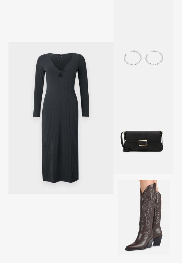 Donkergrijs, langemouwen geribbeld jurkje met een V-hals en een kleine uitsnijding, met een aansluitende pasvorm.; Bruine leren cowboylaarzen met een spitse neus en blokhak, voorzien van gedetailleerde stiksels en verhoogde accenten op de schacht.; Zwarte leren clutch met een klep en een gouden metalen sluiting. Inclusief een zwarte schouderband en een slank, minimalistisch ontwerp.; Zilveren creolen met een gedraaide ontwerp, voorzien van een gepolijste afwerking en een post-back sluiting. Meet ongeveer 3 cm in diameter.
