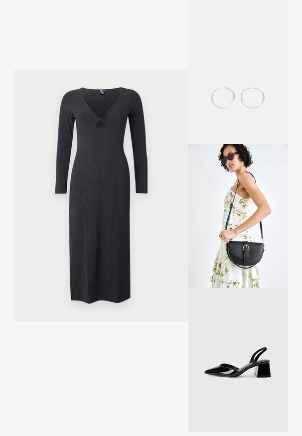 Robe côtelée gris foncé à manches longues arborant un décolleté en V avec un petit détail découpé et une silhouette ajustée.; Escarpins en cuir verni noir avec bout pointu et talon bloc géométrique. Présente un design élégant et minimaliste ainsi qu'une texture lisse.; Sac à main en cuir noir avec une forme courbée, bandoulière amovible et des accessoires en or. Le sac est doté d'un rabat avec un détail de boucle.; Boucles d'oreilles en argent avec un design rond et épuré, présentant une surface lisse et sans embellissements visibles. Diamètre non spécifié.