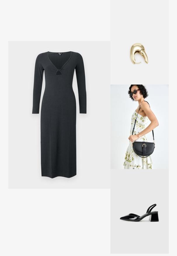 Dark gray, long-sleeve ribbed dress featuring a V-neckline with a small cutout detail and a form-fitting silhouette.; Black patent leather slingback heels with a pointed toe and a geometric block heel. Features a sleek, minimal design and smooth texture.; Black leather handbag with a curved shape, detachable strap, and gold hardware. The bag features a flap with a buckle detail.; Gold-tone metal earring with a sleek, curved design. Features a distinctive pointed shape, polished surface, and hinge closure.