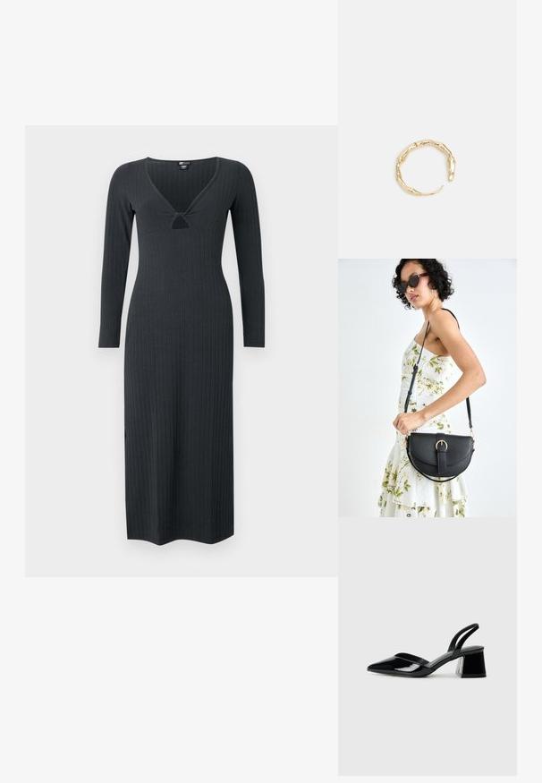 Tmavo šedé, dlhé rukávy, rebrované šaty s V-výstrihom a malým výrezom, prispôsobeným siluete.; Čierne lakované kožené sandálové podpätky s špicatou špičkou a geometrickým blokovým podpätkom. Disponujú elegantným, minimalistickým dizajnom a hladkým povrchom.; Čierna kožená kabelka s zaobleným tvarom, odnímateľným popruhom a zlatými doplnkami. Kabelka má klopu s detailom s prackou.; Prsteň v zlatej farbe s organickým, skrúteným dizajnom, hladkým povrchom a zužujúcimi sa koncami, vytvárajúci moderný, sochársky vzhľad.