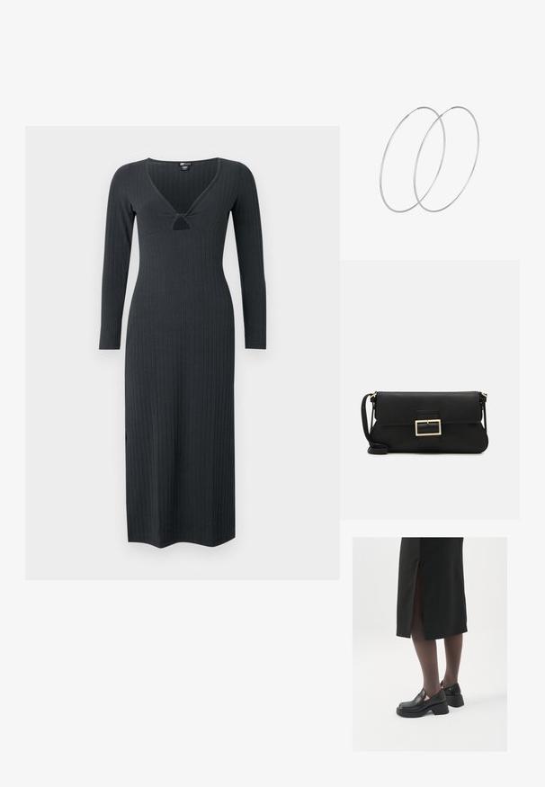 Tummanharmaa pitkähihaisen ribbimekko, jossa on V-muotoinen kaula-aukko pienen aukon yksityiskohdalla ja vartalonmyötäinen siluetti.; Mustat nahkakengät pyöreällä kärjellä, paksulla lohkopohjalla ja joustavilla sivuakkesseilla, yhdistettynä tummiin sukkahousuihin ja mustaan hameeseen, jossa on halkio.; Musta nahkainen kynäpenkkilaukku, jossa on läppä ja kultainen metallinen solkiyksityiskohta. Mukana musta hihna ja tyylikäs, minimalistinen muotoilu.; Hopehope hopeilla, joissa on minimalistinen muotoilu. Pyöreä muoto, sileä pinta ja ohut profiili. Kevyet ja kiillotetut.