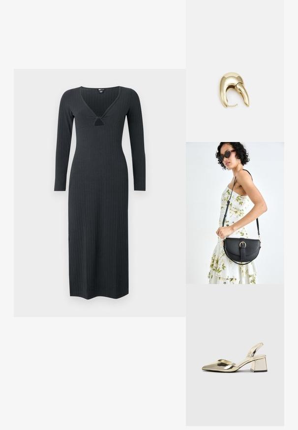 Czarna szara sukienka z długim rękawem i prążkowanym wzorem, z dekoltem w kształcie litery V i małym wycięciem, dopasowana do sylwetki.; Złote, metaliczne szpilki z boku z wydłużonym noskiem i grubym obcasem. Gładka faktura, minimalistyczny design i wąski pasek.; Czarna skórzana torebka o zakrzywionym kształcie, z odpinanym paskiem i złotymi akcentami. Torebka posiada klapę z zapięciem w kształcie klamry.; Złote metalowe kolczyki o eleganckim, zakrzywionym kształcie. Posiadają charakterystyczny szpiczasty kształt, polerowaną powierzchnię oraz zapięcie na zawias.