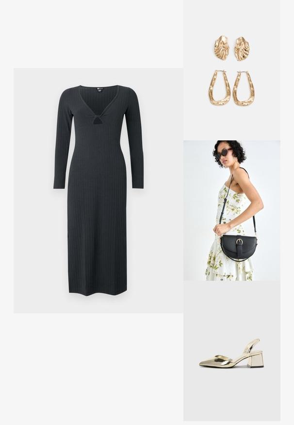 Sötét szürke, hosszú ujjú bordázott ruha V-nyakkivágással, kis kivágással és testhez simuló siluettel.; Arany, fémből készült slingback sarkú cipők hegyes orral és vastag sarokkal. Simaság, minimalista design és keskeny pánt jellemzi.; Fekete bőrtáska ívelt formával, levehető pánttal és arany színű fémrészekkel. A táskán egy csattal díszített fedél található.; Aranyszínű fülbevalók, texturált, hullámos formákkal. Tartalmazza a szobrászati klipszes studokat és az open hoop kialakítást, kalapácsos felülettel.