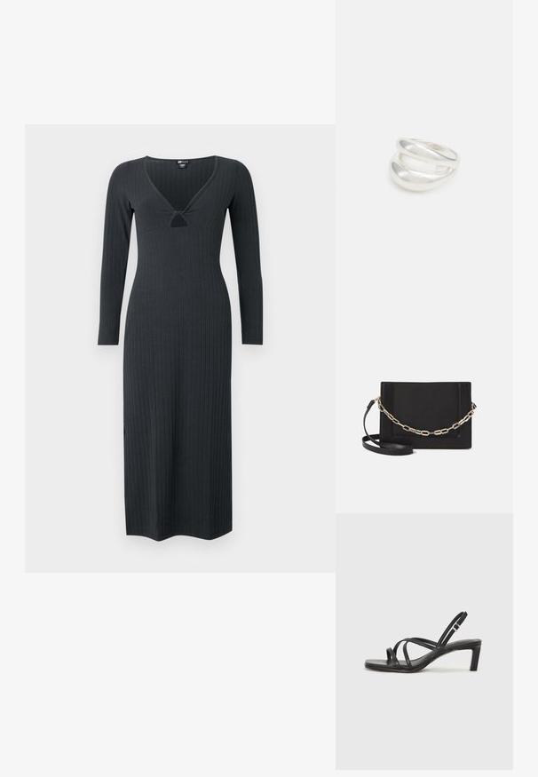 Tumehall vest, pika varrukaga ribakleit, millel on V-kaelus väikse lõikega detail ja keha külge liibuv siluett.; Mustast rihmajalatsid ruudukujulise varba ja madala ploki kontsaga. Omab mitmeid õhukesi rihmasid ja reguleeritavat pahkluu rihma. Valmistatud siledast nahast.; Mustast nahast õlakott, mis omab siledat tekstuuri, ristküliku kuju ning esiküljel metallketi detaili. Reguleeritav rihm on kaasas.; Hõbedane kahekordne rõngas sujuva, poleeritud pinnaga. Omab voolavat, kõverat disaini, millel on kattuvad sektsioonid, et saavutada kaasaegne ilme.