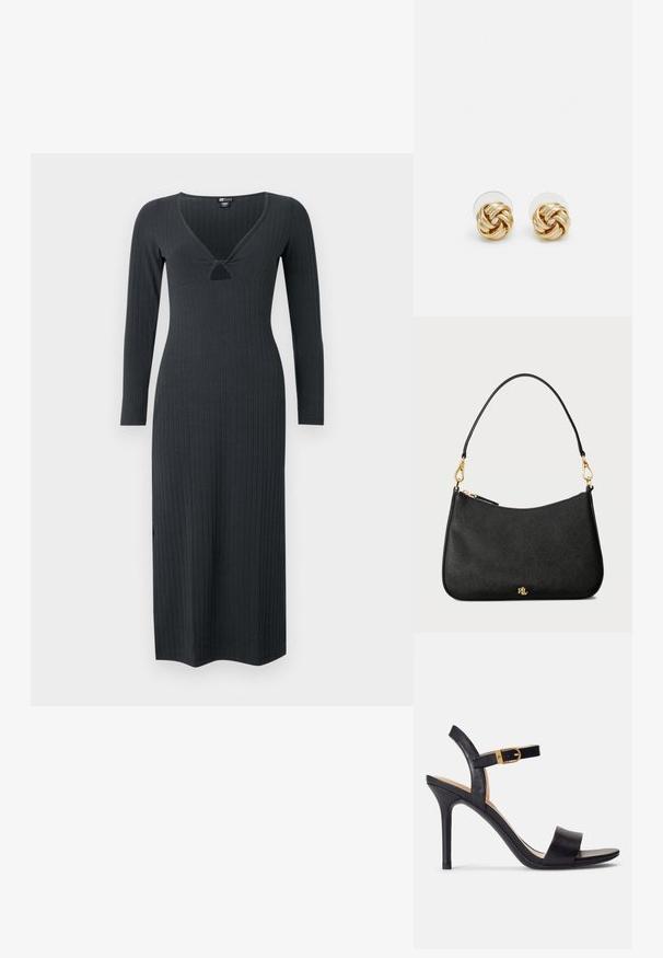 Tamno siva, dugih rukava, rebrasta haljina s V-izrezom i malim izrezom, prilagodljive siluete.; Crne sandale na visokom potpeticu s glatkim kožnim gornjištem, otvorenom nosom i dizajnom s jednim remenom s naglaskom na zlatnu kopču.; Crna kožna torba sa strukturiranim dizajnom, koja ima zatvaranje na patentni zatvarač, odvojivu traku i zlatne dodatke.; Naušnice na stud s zlatnim tonom i uvrnutim dizajnom. Svaka naušnica ima okruglu prozirnu podlogu za sigurno nošenje.
