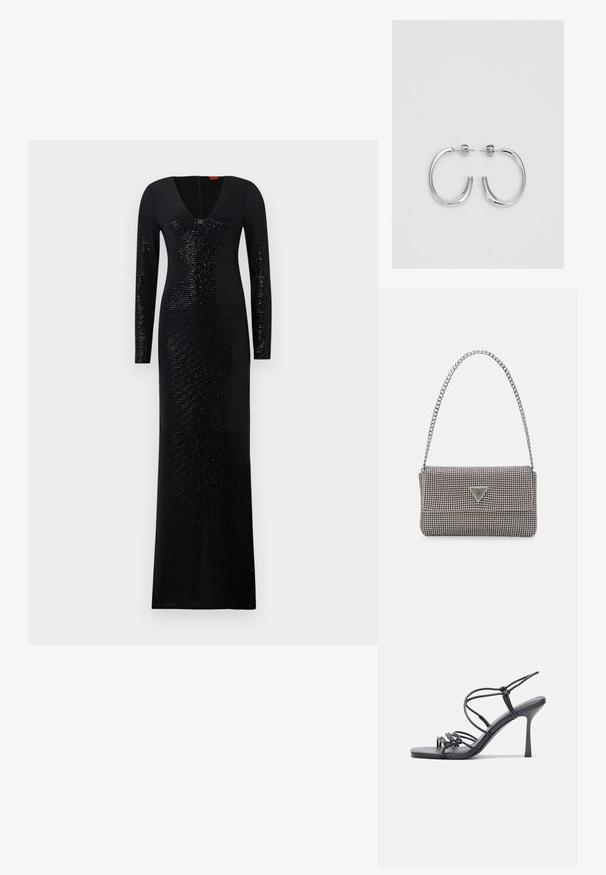 Rochie lungă neagră cu decolteu în V și mâneci lungi. Confecționată dintr-un material texturat cu linii verticale și paiete strălucitoare pe întreaga suprafață.; Sandale negre cu toc înalt au curele subțiri cu un design legat, un vârf pătrat neted și un toc stiletto elegant.; Geantă metalică gri deschis, cu un strap din lanț, decorată cu mici ținte circulare metalice și un logo de marcă triangular.; Cercei rotunzi din argint cu un finisaj neted și strălucitor. Design ușor, având o formă rotundă și închidere cu tijă.