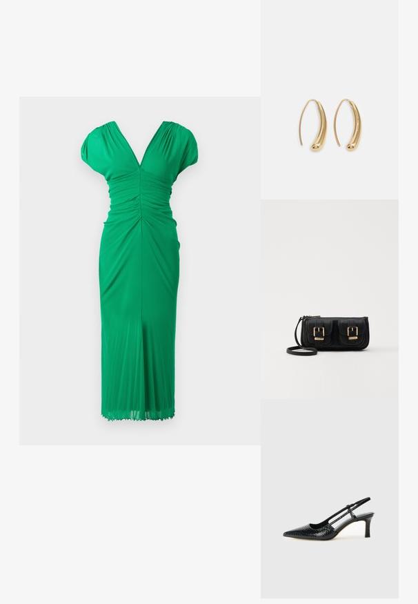 Rochie verde până la genunchi, fabricată dintr-un material elastic, având decolteu în V, detalii plisate, mâneci scurte și o siluetă ajustată.; Pantofi cu toc slingback negri din patent, cu vârf ascuțit, cu imprimeu de șarpe texturat, curea ajustabilă și toc scurt texturat.; Geantă neagră din piele, tip crossbody, cu două buzunare frontale, catarame aurii, închidere cu fermoar și o curea subțire. Suprafață texturată și formă rectangulară compactă.; Cercei din metal auriu, cu un design curbat și alungit. Au o suprafață netedă și strălucitoare, cu un vârf rotunjit pentru un detaliu suplimentar.