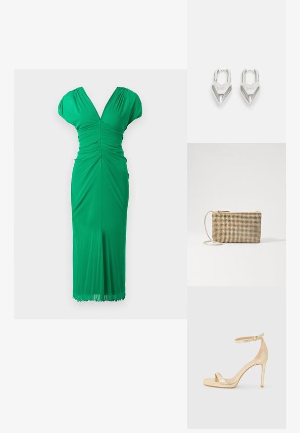 Zaļš ceļa garuma kleita, kas izgatavota no elastīga auduma, ar V veida kaklu, savilktiem detaļām, piedurknēm ar kapuci un piegulošu siluetu.; Zelta metāla augstpapēžu sandales ar atvērtu purngalu, potītes siksniņu ar sprādzi un platformas zoli papildu augstumam. Gluda tekstūra.; Loeffler Randall YASMINE FLAT CLUTCH - Plecu soma - gold; Sudraba sirdī formas piekariņi ar iegravētiem "JĀ" un "NĒ" tekstiem, pulēta apdare, simetrisks dizains un izturīgs metāla aizdare.