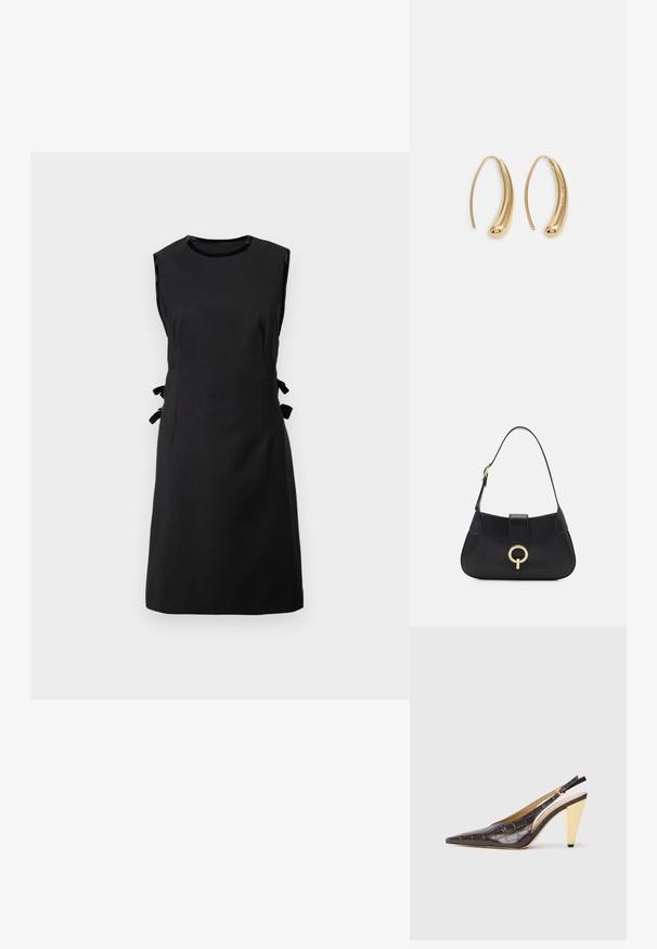 Vestido negro sin mangas de una tela suave, con lazos laterales, escote redondo y cintura ajustada, con una falda recta.; Zapatos de tacón tipo slingback de punta afilada en imitación de cocodrilo brillante de color marrón oscuro. Presenta un tacón geométrico en tono dorado y una correa ajustable en el tobillo.; Bolso de cuero negro con una silueta curvada, correa corta, herrajes en tono dorado central y textura suave. Sin patrones ni acentos visibles.; Pendientes de aro de metal en tono dorado con una forma curva y alargada. Presentan una superficie lisa y brillante y una punta redondeada para mayor detalle.