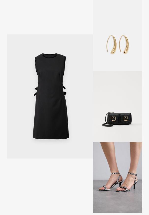 Zwarte mouwloze jurk van een gladde stof, met zijstrikjes, een ronde halslijn en een aansluitende taille, met een rechte rok.; Zwart-witte sandalen met slangenhuidpatroon en hoge hakken, uitgerust met dunne bandjes en een klein gespdetail. De hak is slank en puntig.; Zwarte leren schoudertas met twee vo pockets, gouden gespen, ritsluiting en een smalle band. Tekstuur oppervlak en compacte rechthoekige vorm.; Gouden metalen oorbellen in de vorm van een gebogen, verlengde hoop. Kenmerkend zijn het gladde, glanzende oppervlak en de afgeronde punt voor extra detail.