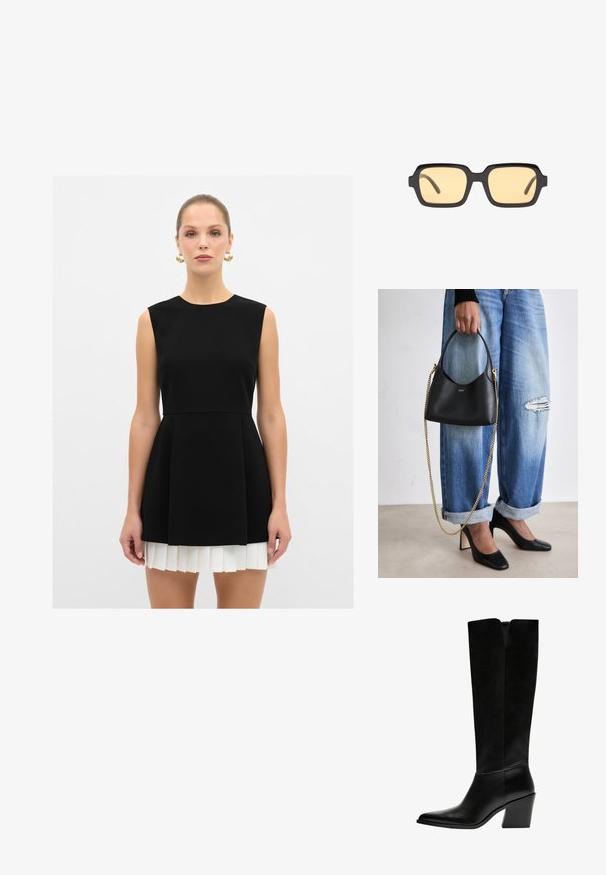 Zwart mouwloos jurkje met een aansluitend lijfje en een geplooide witte rok, met een ronde halslijn en een gladde textuur.; Zwarte laarzen tot de knie van soepel leer, met een puntige neus, een blokhak en een V-vormige uitsparing aan de bovenkant.; Zwarte rechthoekige zonnebril met gele glazen, een lichtgewicht montuur en opvallende rechte randen op de temples. Gladde, glanzende afwerking.; Zwarte leren handtas met een gebogen vorm, korte handgreep en gouden kettingriem. Draag hem bij versleten blauwe denim en zwarte hoge hakken.