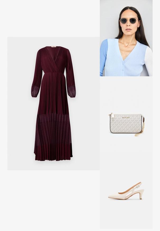 Burgundy plisserad maxiklänning med omslagsringning, långa genomskinliga ärmar och en prickig nätkant. Lättviktigt tyg med strukturerad drapering.; Vit slingbackklack med spetsig tå, slät ovandel, låg blockklack och sidoutskärning med justerbar spänne.; Runda solglasögon med mörka linser och guldramar. Modellen bär en ljusblå, ribbad cardigan med knappar och kontrasterande vita ärmar.; Michael Kors handledos i beige belagd kanvas med ett upprepande MK-logomönster, gyllene detaljer och ett avtagbart kedjehandtag.