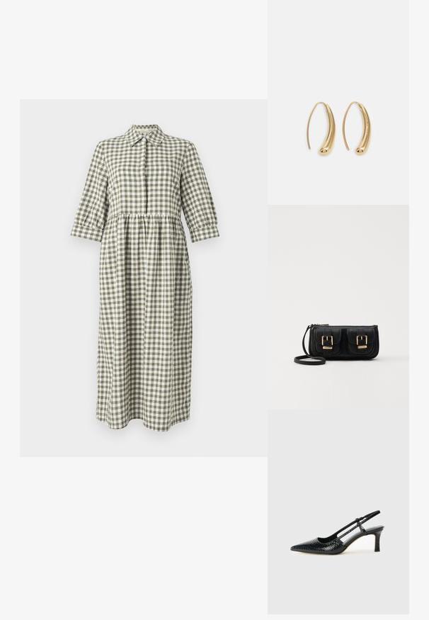 Vestido longo, com botões, feito de tecido de gorgurão verde e branco. Apresenta um colarinho, mangas de três quartos e uma cintura plissada.; Salto slingback em patente preta com bico apontado, apresentando um padrão de pele de cobra texturizado, tira ajustável e um salto bloco curto e texturizado.; Bolsa de ombro em couro preto com dois bolsos frontais, fivelas douradas, fecho de zíper e uma alça fina. Superfície texturizada e forma retangular compacta.; Brincos em metal dourado com forma de arco alongado e curvado. Apresentam uma superfície lisa e brilhante, com uma ponta arredondada para um detalhe adicional.