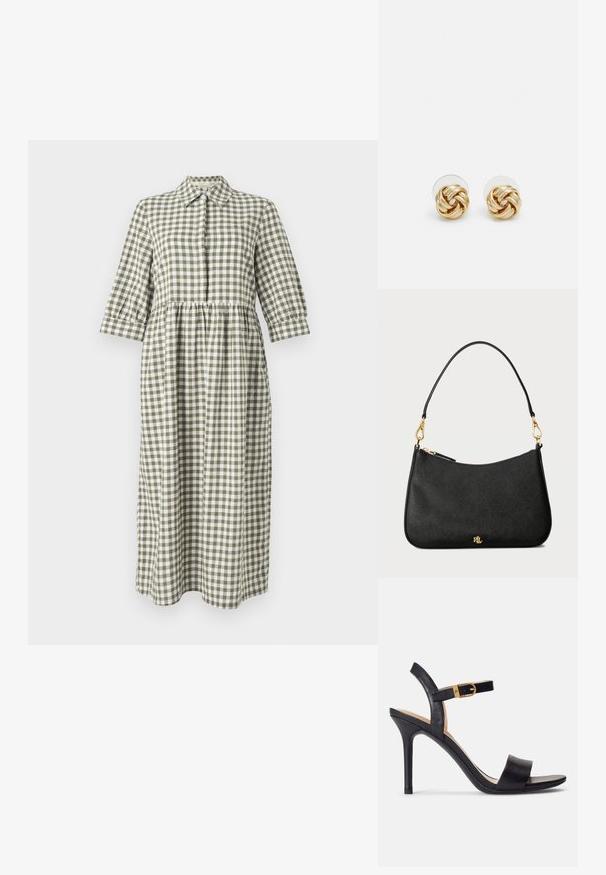 Rochie lungă, cu butoane, realizată dintr-un material gingham verde și alb. Prezintă un guler, mâneci trei sferturi și o talie plisată.; Sandale înalte negre, cu toc, cu un superior din piele netedă, vârf deschis și un design cu un singur bretele, accentuat cu o cataramă aurie.; Geantă de mână din piele neagră cu un design structurat, având închidere cu fermoar, curea detașabilă și accente din metal auriu.; Cercei cu tija aurie, cu un design răsucit. Fiecare cercel are un fundal circular transparent pentru o purtare sigură.