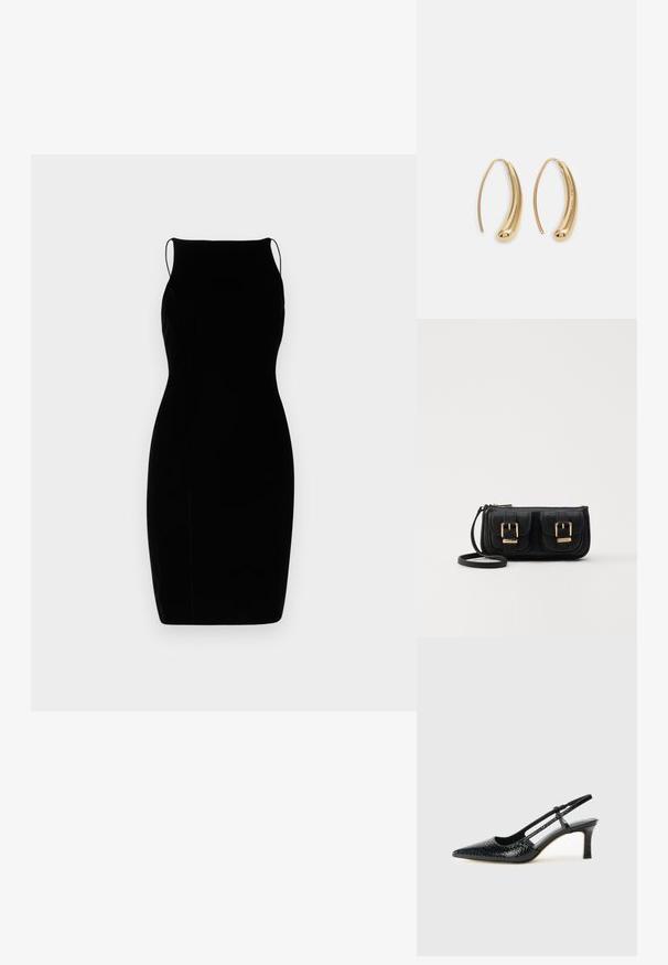 Μαύρο, χωρίς μανίκια, εφαρμοστό φόρεμα φτιαγμένο από μαλακό ύφασμα με λεία υφή. Διαθέτει ευθύ κοφτό λαιμό και ελάχιστο σχέδιο.; Μαύρη πατέντα σλινγκμπάκ γόβα με μυτερή μύτη, διαθέτει υφή από φίδι, ρυθμιζόμενο λουρί και κοντή, υφή τετράγωνη φτέρνα.; Μαύρη δερμάτινη τσάντα ώμου με δύο μπροστινές τσέπες, χρυσά κούμπωματα, κλείσιμο με φερμουάρ και λεπτό λουρί. Υφή επιφάνειας και κομψό ορθογώνιο σχήμα.; Χρυσές μεταλλικές σκουλαρίκια κρίκοι με καμπυλωτό, ελκυστικό σχήμα. Περιλαμβάνουν μια λεία, γυαλιστερή επιφάνεια και στρογγυλή άκρη για πρόσθετη λεπτομέρεια.