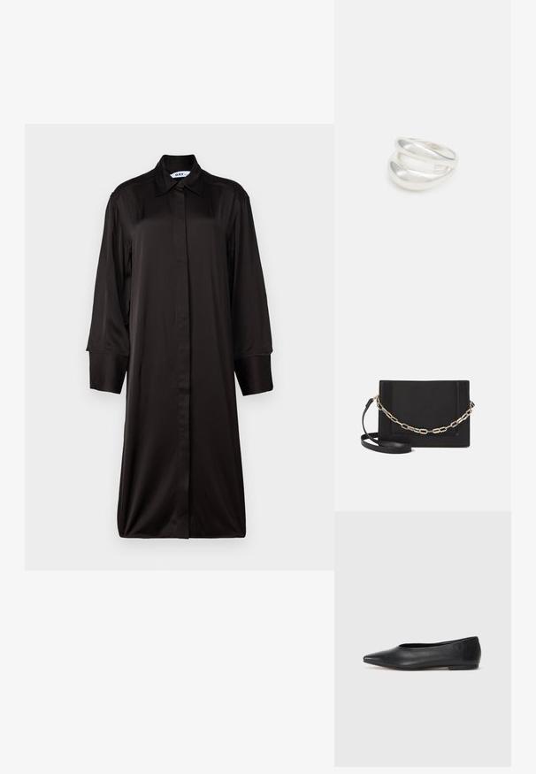 Sort langærmet kjole med krave, lavet af glat stof. Har en lige silhuet og fuldlængde knaplukning.; Sort læder balletflade, spidse tæer, minimalistsk design, glat tekstur, lav hæl, ingen synlig hardware eller udsmykninger.; Sort læder crossbody taske med en glat tekstur, rektangulær form og en metallisk kæde detalje foran. Justerbar skulderrem inkluderet.; Sølvring med dobbeltbånd og en glat, poleret overflade. Den har et flydende, buet design med overlappende sektioner for et moderne udtryk.