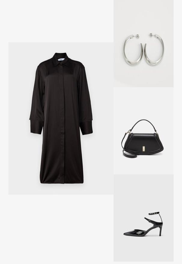 Fekete, hosszúujjú ruha, amely galléros nyakkal készült sima anyagból. Egyenes siluettel és teljes hosszúságú gombos záródással rendelkezik.; Fekete lakkbőr magassarkú cipők hegyes orral, állítható bokapánttal és vékony sarokkal. Simább textúra fényes kivitelben.; Fekete bőr kézitáska, strukturált dizájnnal, rövidített formával, felső fogantyúval és arany színű kiegészítőkkel. Állítható vállpánt is tartozik hozzá.; Ezüst karika fülbevalók sima, ívelt formával. Fényes fémes felülettel és tűs zárral rendelkeznek. Nincsenek látható minták vagy kiegészítők.