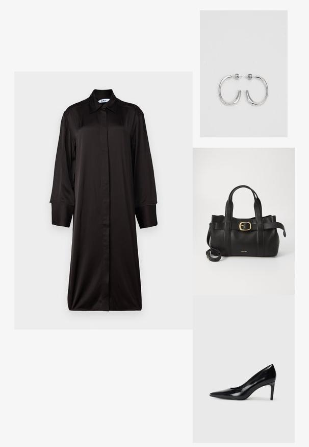Rochie neagră, cu mâneci lungi, cu guler, fabricată dintr-un material neted. Prezintă o siluetă dreaptă și închidere frontala cu nasturi pe toată lungimea.; Pantof de damă din piele neagră, cu toc înalt, vârf ascuțit, textură fină și toc conic. Design minimalist, fără embellishments suplimentare.; Geantă de mână din piele neagră, cu un design structurat, mânere superioare duale, accent cu cataramă aurie și logo-ul brandului embosat în față.; Cercei rotunzi din argint cu un finisaj neted și strălucitor. Design ușor, având o formă rotundă și închidere cu tijă.