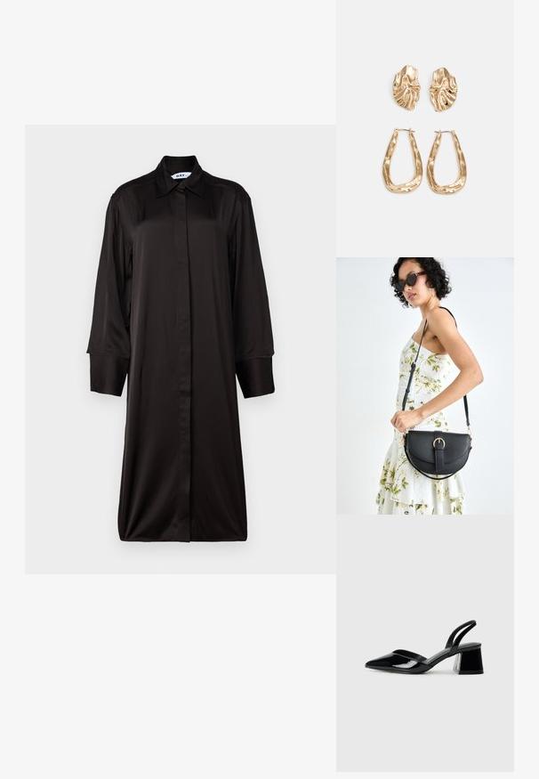 Abito nero a maniche lunghe con colletto, realizzato in tessuto morbido. Presenta una silhouette dritta e una chiusura con bottoni a tutta lunghezza.; Décolleté in vernice nera con punta affusolata e tacco in geometria cubica. Presentano un design elegante e minimalista, con una texture liscia.; Borsa a tracolla nera in pelle con una forma curva, manico rimovibile e accessori dorati. La borsa presenta una patta con un dettaglio a fibbia.; Orecchini in tono oro caratterizzati da forme ondulate eTexture. Comprendono chiusure clip-on scultoree e un design a cerchio aperto con finitura martellata.