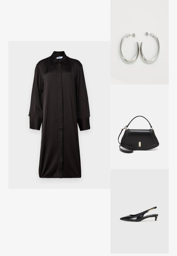 Melnas, garās piedurknes kleitas ar apkakli, izgatavota no gludas auduma. Iespējo taisna silueta un pilna garuma pogu aizdare.; Melnas ādas slingback zābaki ar smailu purngalu, ar šauru papēdi un zelta krāsas akcentu uz regulējama siksniņas. Gluda tekstūra.; Melnas ādas roku soma ar struktūru, ar īsu formu, augšējo rokturi un zelta aksesuāriem. Iekļauta regulējama plecu siksna.; Sudraba riņķveida auskari ar gludu, izliekta dizaina formu. Iezīmējas ar spīdīgu metāla apdari un pievienojamu aizdari. Nav redzamu rakstu vai akcentu.