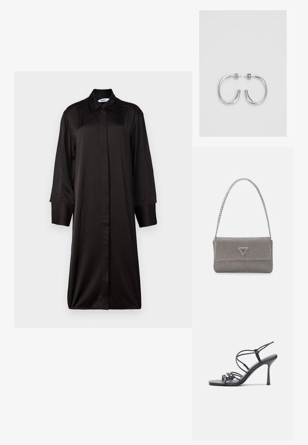 Musta, pitkähihaisen mekko, jossa on kauluspaita, valmistettu sileästä kankaasta. Ominaisuuksiin kuuluu suora siluetti ja täyspitkä napitus.; Mustat korkokengät sandaalit, joissa on ohuet hihnat solmittuna, sileä neliön muotoinen varvasosa ja tyylikäs stiletto-korko.; Vaalea harmaa metallinen käsilaukku, jossa on ketjusanka. Laukku on koristeltu pienillä pyöreillä metallikoruilla ja kolmion muotoisella brändilogolla.; Hopehopeet hopehopeet hopehopeet hopehopeet, jolla on sileä, kiiltävä pinta. Pyöreä muoto, kevyt rakenne, jossa on neulakiinnitys.