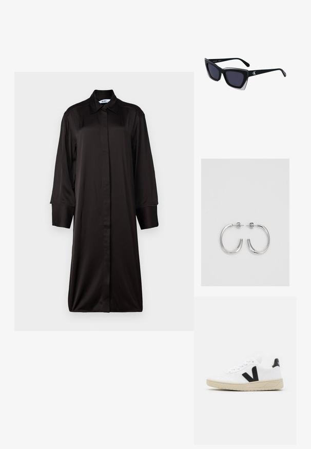 Abito nero a maniche lunghe con colletto, realizzato in tessuto morbido. Presenta una silhouette dritta e una chiusura con bottoni a tutta lunghezza.; Sneaker bianca con logo "V" nero, punta arrotondata, dettagli perforati, lacci piatti e suola in gomma beige. Parte superiore in pelle liscia.; Occhiali da sole oversize neri dalla forma geometrica, con lenti scure e un dettaglio grigio a contrasto sulla montatura. Logo sul braccio.; Orecchini a cerchio in argento con una finitura liscia e lucente. Forma arrotondata, design leggero, con chiusura a perno.