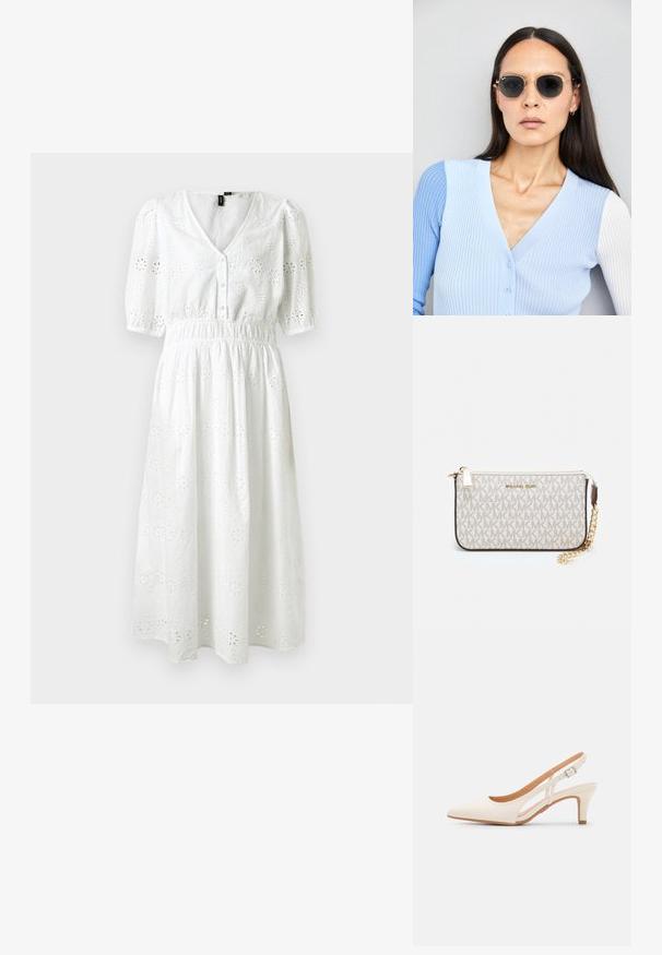 Balta medvilninė suknelė su trumpomis pūkuotomis rankovėmis, V formos iškirpte, sagų užsegimu, elastingu juosmeniu ir gėlių nėriniuota raštu visame paviršiuje.; Balti slingback kulniukai su smailiu pirštu, lygia viršutine medžiaga, žemu blokuotu kulnu ir šoniniu išpjovimu su reguliuojamu sagtimi.; Apskriti saulės akiniai su tamsiais objektyvais ir auksiniais rėmeliais. Modelis vilki šviesiai mėlyną, raukinį kardiganą su mygtukais ir kontrastingomis baltomis rankovėmis.; Michael Kors rankinė smėlio spalvos dengto kanvoje su pakartotiniu MK logotipo raštu, auksinėmis detalėmis ir nuimamu grandininiu dirželiu.