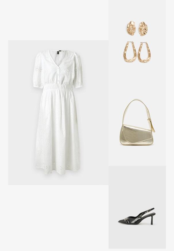 Bijela pamučna haljina s kratkim nabranim rukavima, V-izrezom, zatvaranjem na dugmad, elastičnim strukom i cvjetnim uzorkom na čipkastoj podlozi.; Crna lakirana slingback cipela s izduženim vrhom, remenčićima oko gležnja s srebrnim kopčama i dijelovima, te vitkim potplatom.; Zlatna metalna torba s uređenim dizajnom, glatkom teksturom i podesivim remenom. Ima jedinstven trokutasti oblik i minimalističko šivanje.; Naušnice zlatne boje s teksturiranim, valovitim oblicima. Uključuju skulpturalne kopče i dizajn otvorene kružnice s kovanom završnom obradom.