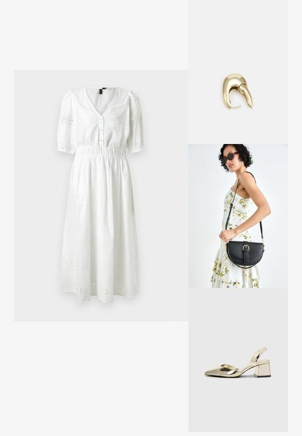 Vit bomullsklänning med korta puffärmar, V-ringning, knappstängning, elastisk midja och blommönster med ögla genom hela klänningen.; Guld, metalliska slingback-klackar med spetsig tå och chunky klack. Slät textur, minimalistisk design och en smal rem.; Svart läderhandväska med en böjd form, avtagbar rem och guldiga detaljer. Väskan har ett lock med en spänndetalj.; Örhänge i guldtonad metall med en elegant, böjd design. Har en distinkt spetsig form, polerad yta och gångjärnslås.