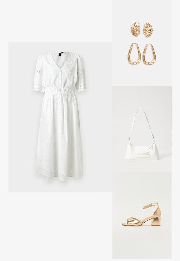 Hvit bomullsdrakt med korte pufferm, V-hals, knappeåpning, elastisk liv og blomsterøylet mønster over hele.; Gullmetalliske blokkhæl sandaler med ankelsnor, åpen tå-design og jevn overflate. Enkle og elegante stiler.; Hvit syntetisk håndveske med trekantet form, flat klaff foran og sløyfe detaljer, justerbar stropp, glatt tekstur og minimalistisk design.; Gullfargede øredobber med teksturerte, bølgete former. Inkluderer skulpturelle klipsstuds og åpen hoop-design med en hamret finish.
