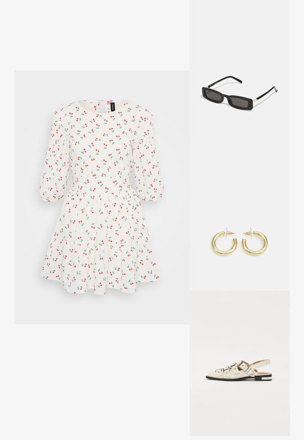 Rochie albă cu mâneci scurte și umflate, având un model cu cireșe roșii și frunze verzi. Fustă evazată cu tiv ondulat. Închidere la spate vizibilă.; Sandale slingback din piele albă cu multiple curele late și catarame argintii; talpă plată cu un mic toc negru și accente metalice.; Ochelari de soare rectangulari negri cu lentile întunecate, rame din plastic lucios și accente aurii pe tample. Design minimalist și formă elegantă.; Cercei cercuri din aur cu un finisaj neted și strălucitor. Design circular cu un mic suport și un spate transparent pentru o purtare sigură.